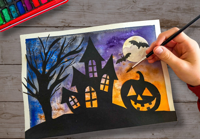 A watercolour painting of a house, tree and pumpkin with an orange and purple background.