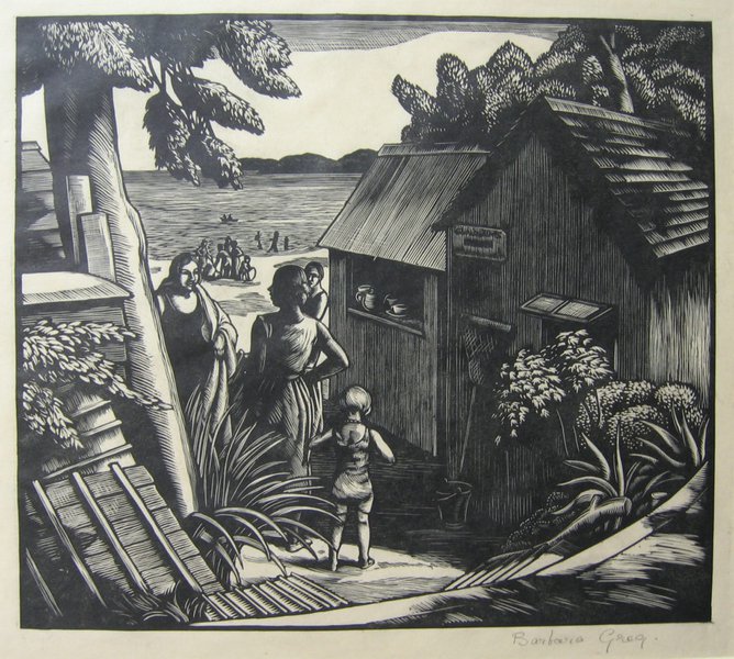 Beach Huts, Barbara Greg, c1932, wood engraving on paper