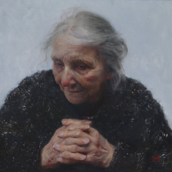 An oil painting of a woman dressed in black, with grey hair, clasping her hands in front of her. She is deep in thought An oil painting of a woman dressed in black, with grey hair, clasping her hands in front of her. She is deep in thought