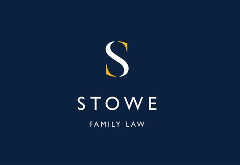 Stowe Family Law logo blue background and white text. Large letter S.