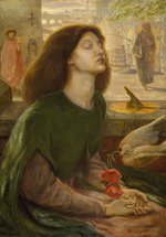 An oil painting of Beatrice Portinari at the moment of her death. She has dark brown hair and a bird deposits flowers into her hand.