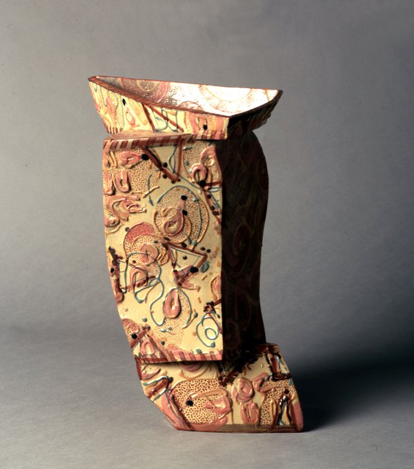 Vessel by Alison Britton, 1984, earthenware with applied, slip-trailed and painted decoration. Shipley Art Gallery, purchased with funding from Northern Arts. Vessel by Alison Britton, 1984, earthenware with applied, slip-trailed and painted decoration. Shipley Art Gallery, purchased with funding from Northern Arts.