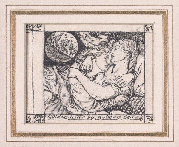 A black and white print featuring two women embracing while they sleep. A circle in the top left corner shows four goblin men carrying baskets of fruit.