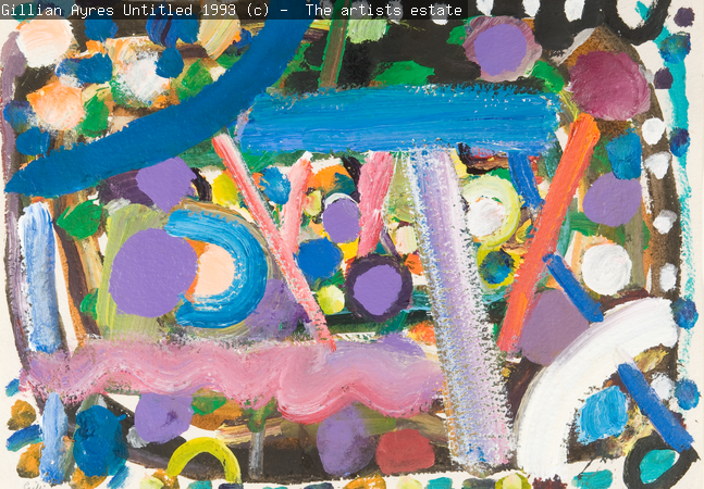 An abstract painting, made up of painted colourful lines, circles and shapes.