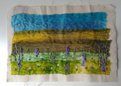A landscape embroidery of grass with multicolour flowers.