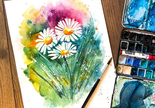 A watercolour painting of a small bunch of daisies.