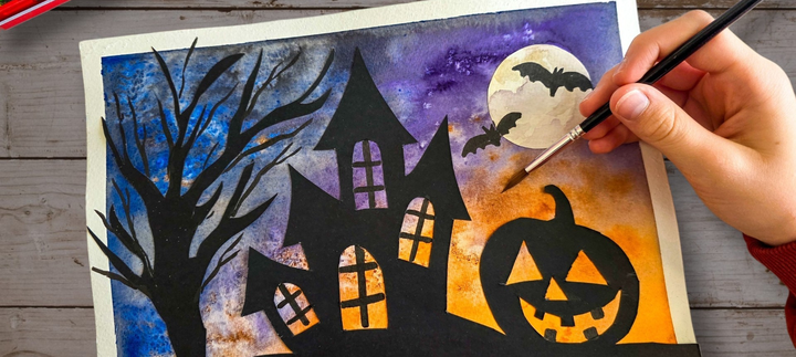 A watercolour painting of a house, tree and pumpkin with an orange and purple background.