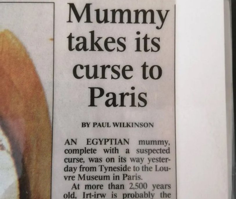 Local newspaper report on the loan of Irtyru to the Louvre in the mid 1990s. The headline reads 'Mummy takes its curse to Paris'.