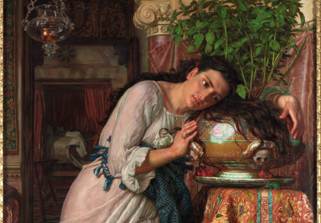 A painting of a woman with long dark hair holding a large pot of basil.