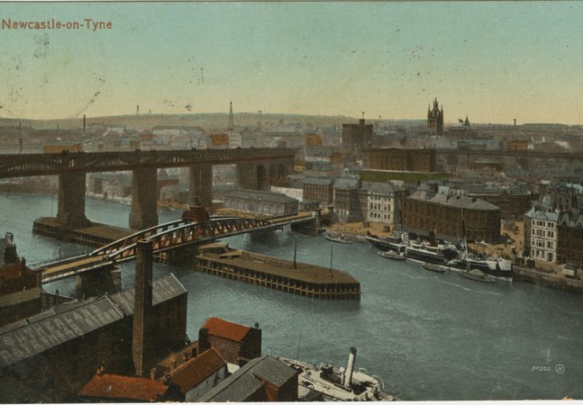 colour posctard from 1914 showing the Swing Bridge over the River Tyne