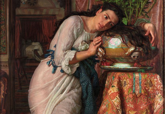 A pre-raphaelite painting of a woman clutching an ornamental pot with basil growing from it. The pot is placed on an altar. 
