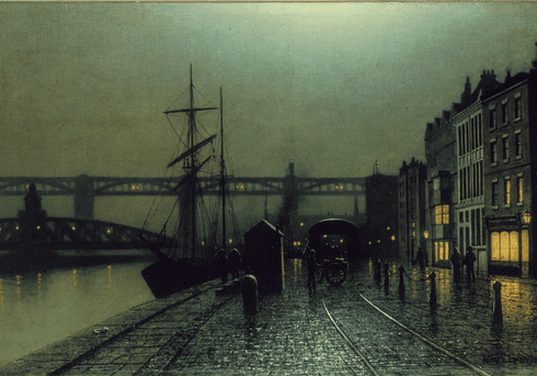 A painting of the Newcastle quayside at night. 