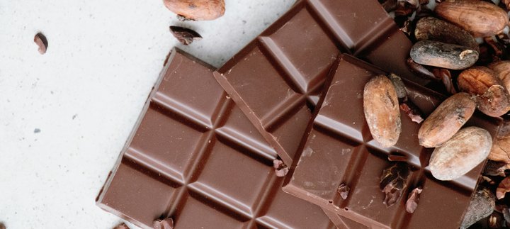 Chunks of chocoalate and cacao beans laid out