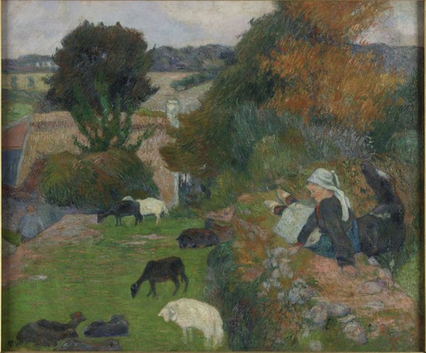 A painting of a shepherdess laying in the fields with her animals