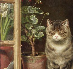 Painting of a cat on a bright windowsill