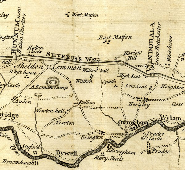An old map of the area around Wylam and Ovingham. The paper has a faded yellow colour.
