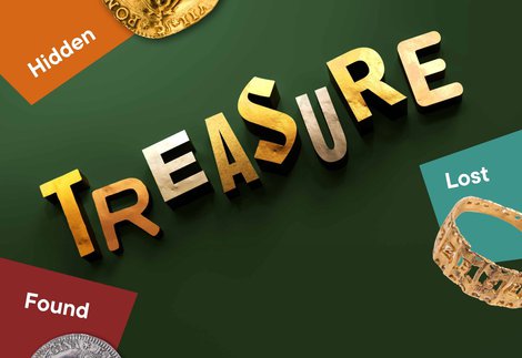 A green graphic with the words Treasure: Hidden, Lost, Found