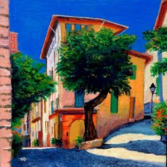 A colourful painting of a mediterranean paved street, with a fork in the road, and a large Joshua tree in the middle.  