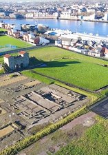Aerial view of Roman fort ruins and the river