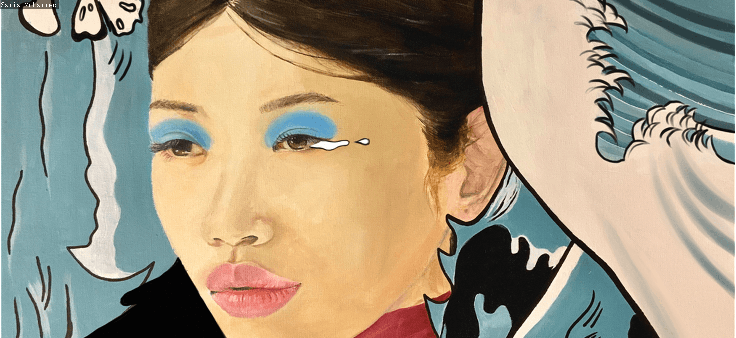 Pop art collage by Samia Mohammed, showing girl with blue eye shadow on a background of waves