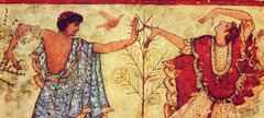 Painting of two people dancing at Saturnalia the ancient Roman celebration.