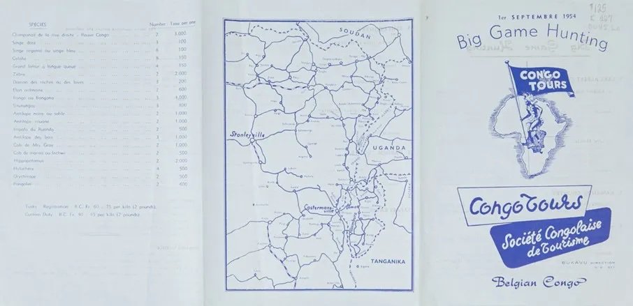Belgian Congo: Congo Tours Promotional Brochure, September 1954. Giving safari rates, what they include, costs of licenses and trophy fees