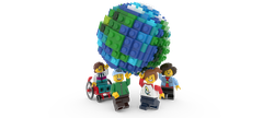 a blue and green lego sphere represents the earth, with 4 minifigure people holding it up. 