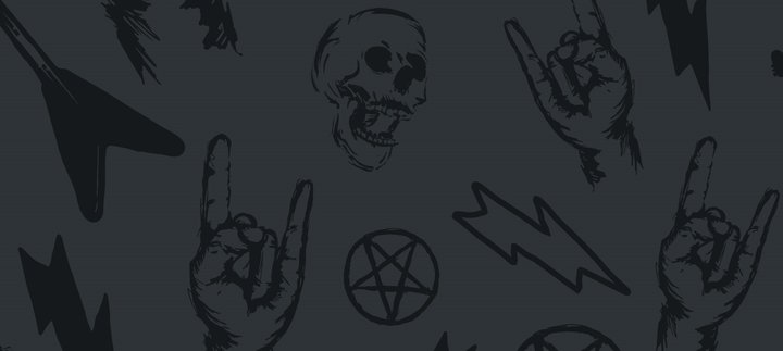 A graphic design showing heavy metal illustrations including guitars, skulls, pentagrams, lightning bolts etc.