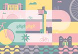 Illustration in muted green, yellow and pink showing a stylised cycle route past museum landmarks