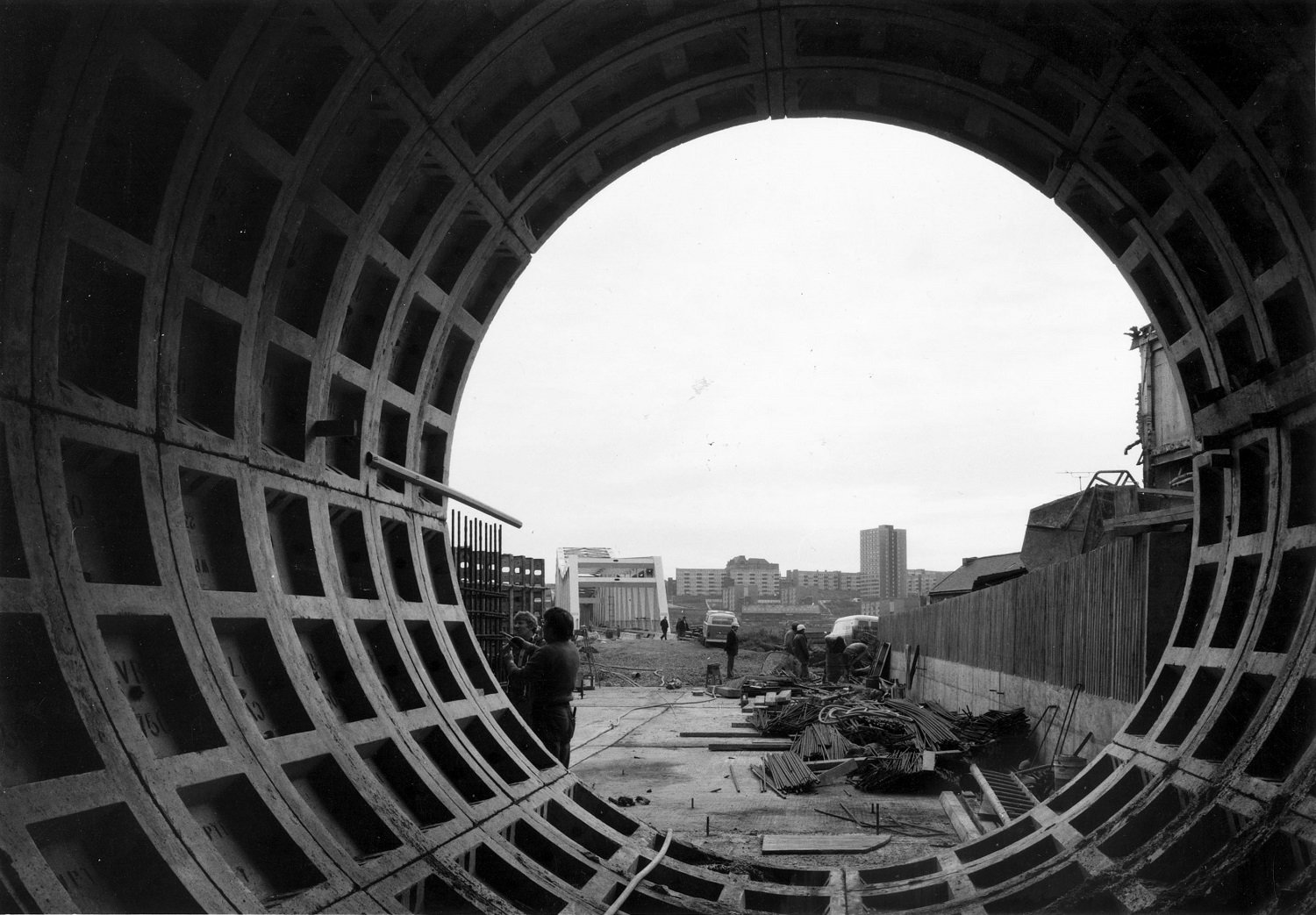 Archive photo showing a view through a tunnel during construction of the Tyne & Wear Metro.