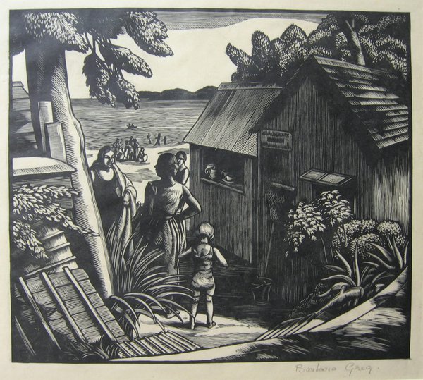 Beach Huts, Barbara Greg, c1932, wood engraving on paper
