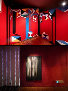 Two photographs, one on top of the other, of contemporary art exhibition Expanded Interiors Re-Staged