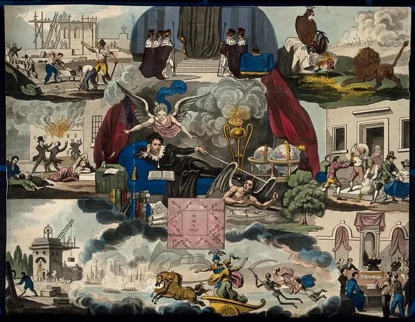 Astronomy: various apocalyptic scenes, including a fire, war, and a necromancer conjuring a demon. Coloured lithograph, [c.1838].