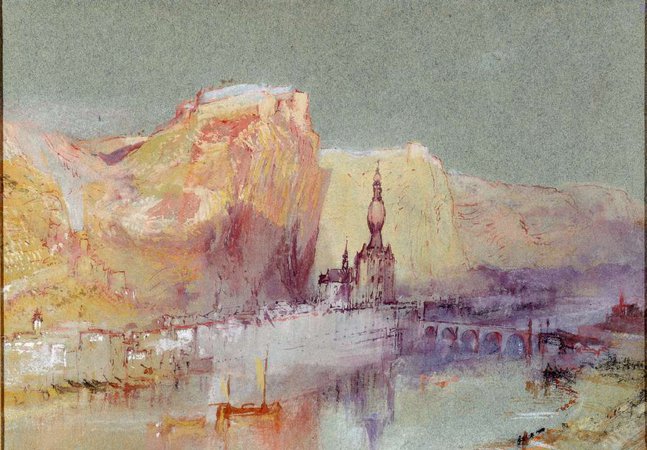 A watercolour painting showing the French town of Dinant, with mountain ranges, river, cathedral and bridge in sunset colour palette.