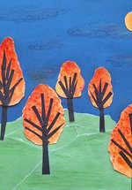 A colourful paper collage of orange trees on a blue background.