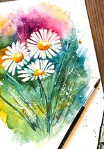 A watercolour painting of a small bunch of daisies.