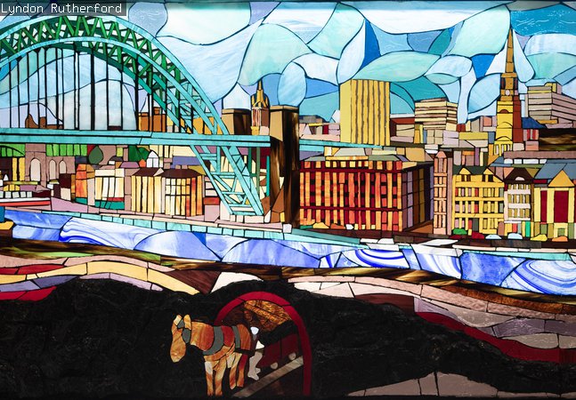 Glass painting of the Tyne Bridge and mining past 