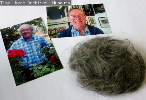 Photo of two photos - before and after a haircut and a small pile of human hair clippings