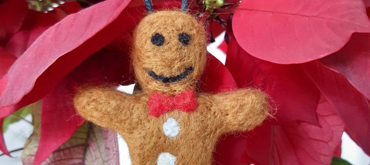photo of a gingerbread man decoration hanging off a house plant. It is made from felted wool