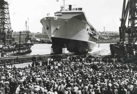 Black and white photo of launch of RMS Ark Royal