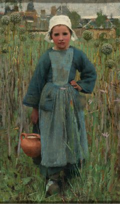 A young girl stood in a field in blue clothes carrying a jar