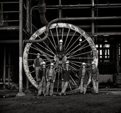 Mining apprentices with Winding Wheel, Ashington Colliery