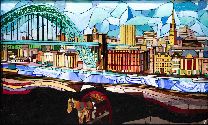 Glass painting of the Tyne Bridge and mining past