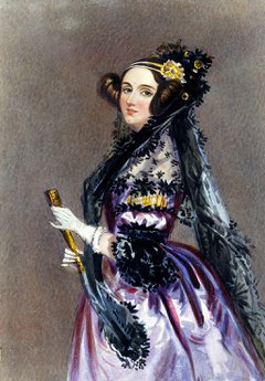 Painting of a lady in a purple silk dress with black lace holding a folded fan
