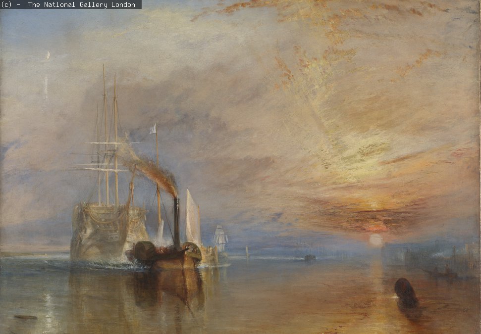 Oil painting by William Turner, showing a ship at sunset being tugged by two steam boats.