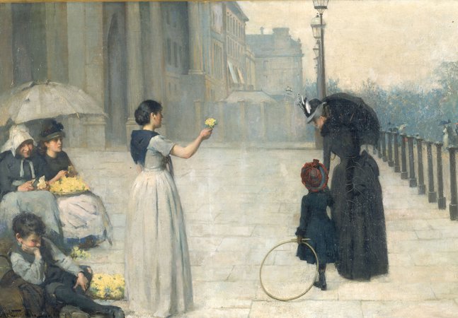 An oil painting of people selling flowers on the left and a mother and young daughter on the right.
