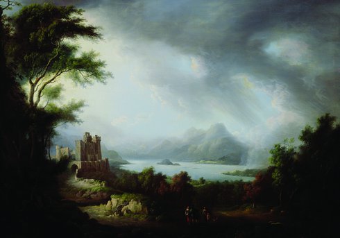 A landscape painting featuring a castle on the left and small figures in the foreground. 