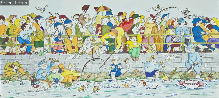 cartoon of various characters fishing on a pier