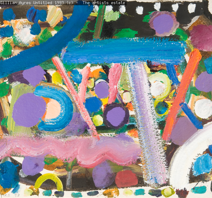 An abstract painting, made up of painted colourful lines, circles and shapes.