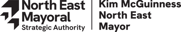 A black and white logo which reads 'North East Mayoral Strategic Authority. Kim McGuinness North East Mayor'.